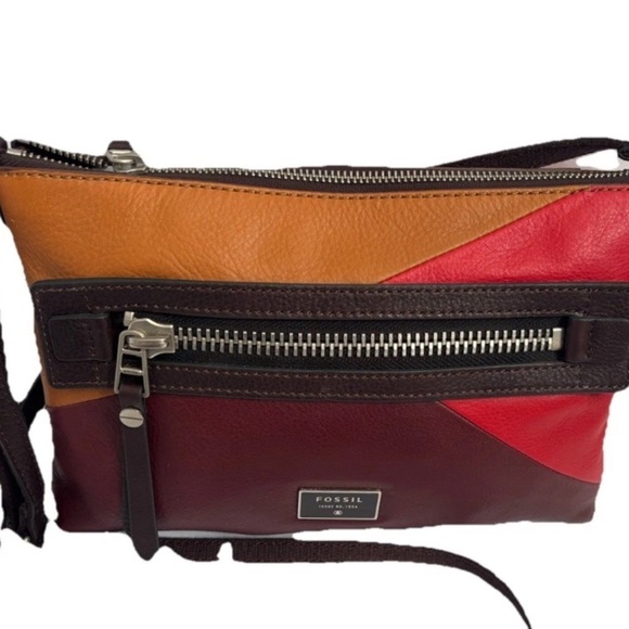 Fossil crossbody shoulderbag Leather Patchwork Burgundy Purse Organizer - Picture 2 of 11
